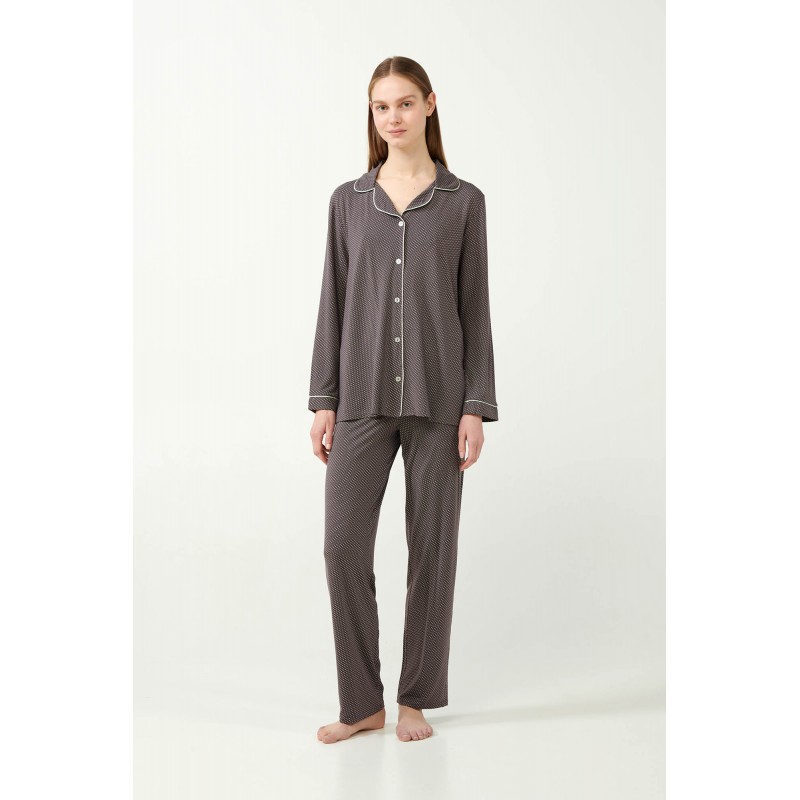 Vamp Women s Buttoned Micro Modal Pajamas Set Polka Dot Gray Mauve