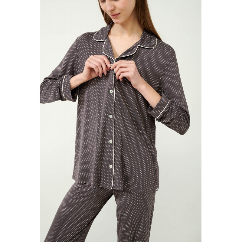 Vamp Women s Buttoned Micro Modal Pajamas Set Polka Dot Gray Mauve