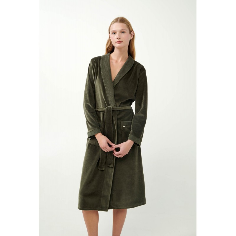 Vamp Women s Velour Robe With Belt Olive Color