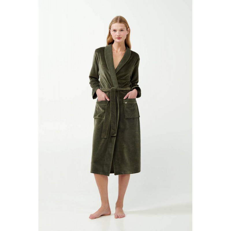 Vamp Women s Velour Robe With Belt Olive Color