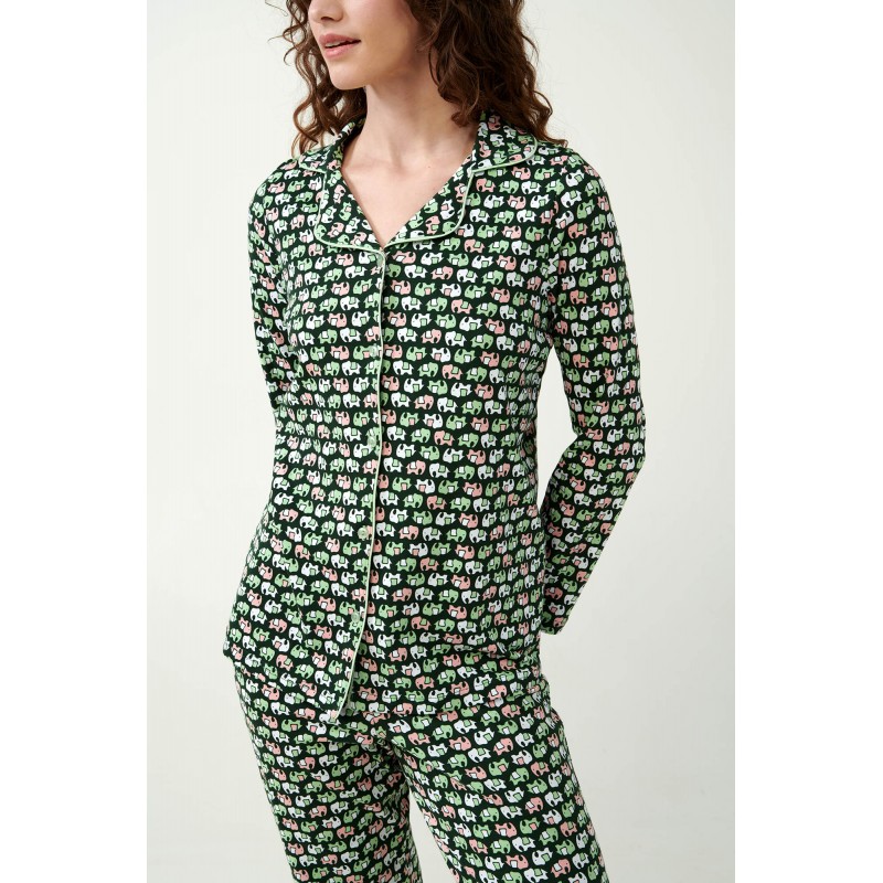 Vamp Women s Buttoned Cotton Long Sleeved Pajamas Elephants Design Green Timber