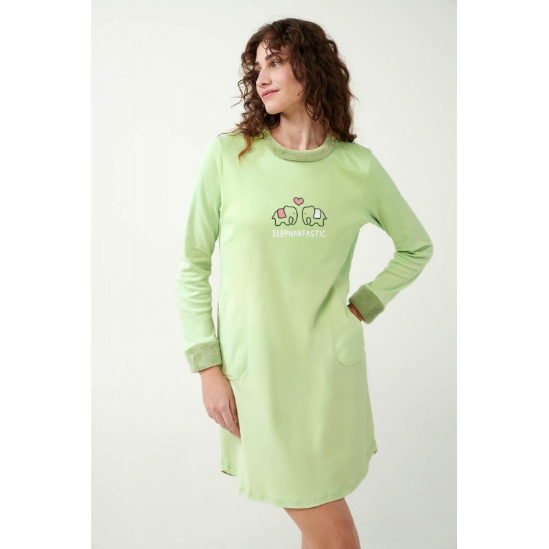 Vamp Women s Cotton Long Sleeved Nightdress With Fleece Details Green Foam