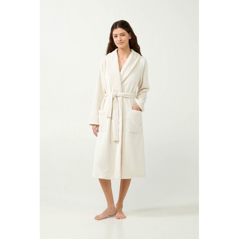 Vamp Women s Long Fleece Robe With Belt Beige Skin Color