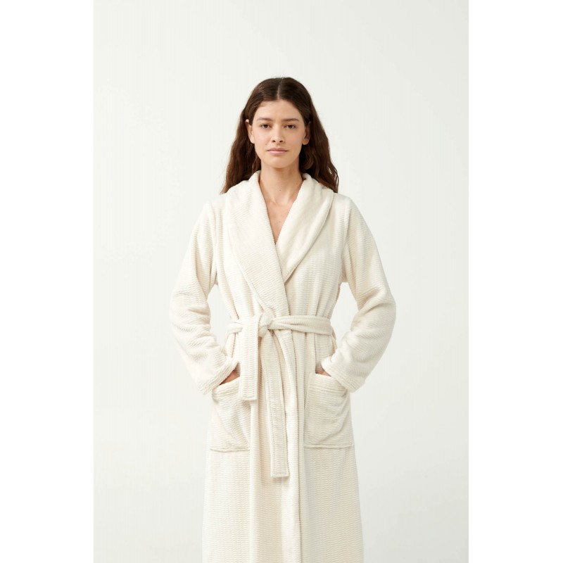 Vamp Women s Long Fleece Robe With Belt Beige Skin Color