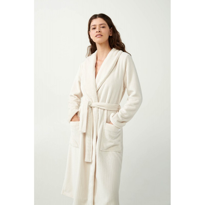 Vamp Women s Long Fleece Robe With Belt Beige Skin Color