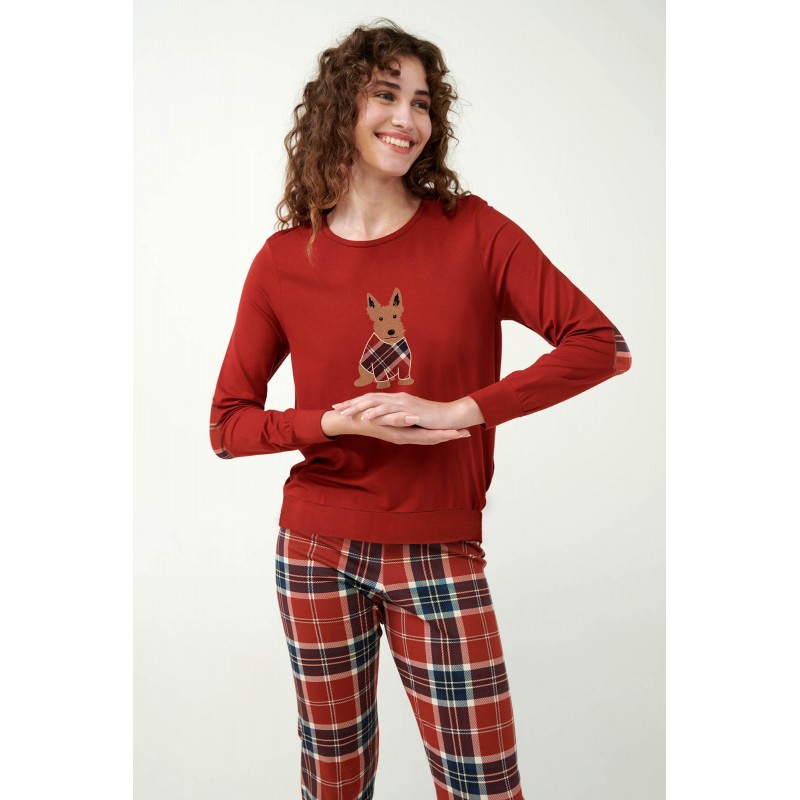 Vamp Women s Cotton Long Sleeved Pajamas Set Red Terracota Dog Design