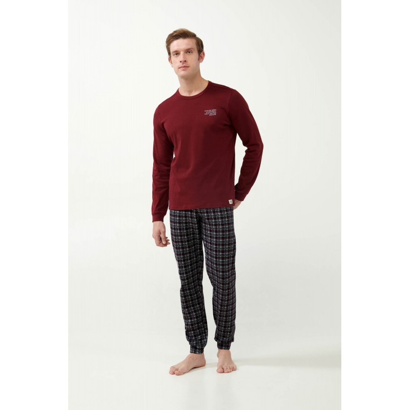 Vamp Men s Cotton Long Sleeved Pajamas Bordeaux Plaid Print