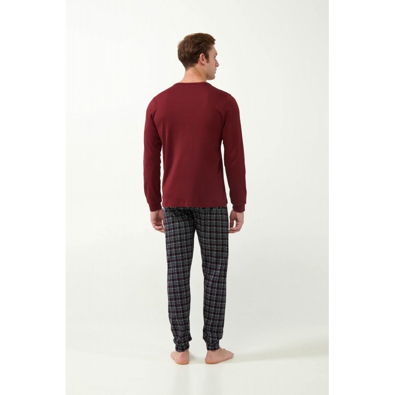 Vamp Men s Cotton Long Sleeved Pajamas Bordeaux Plaid Print