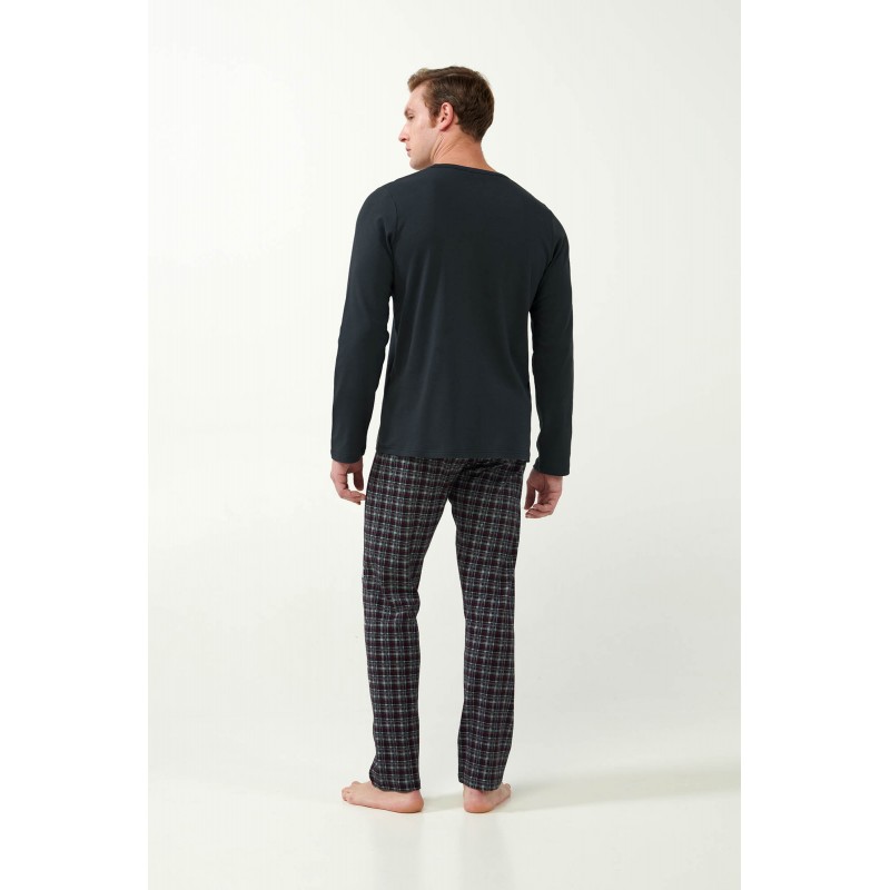 Vamp Men s Cotton Long Sleeved Pajamas Plaid Pants Dark Grey