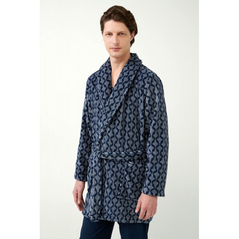 Vamp Men s Fleece Short Robe Blue Design