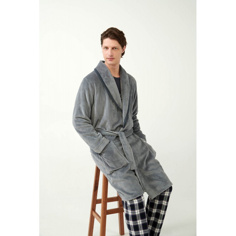 Vamp Men s Long Fleece Robe With Belt Grey Color