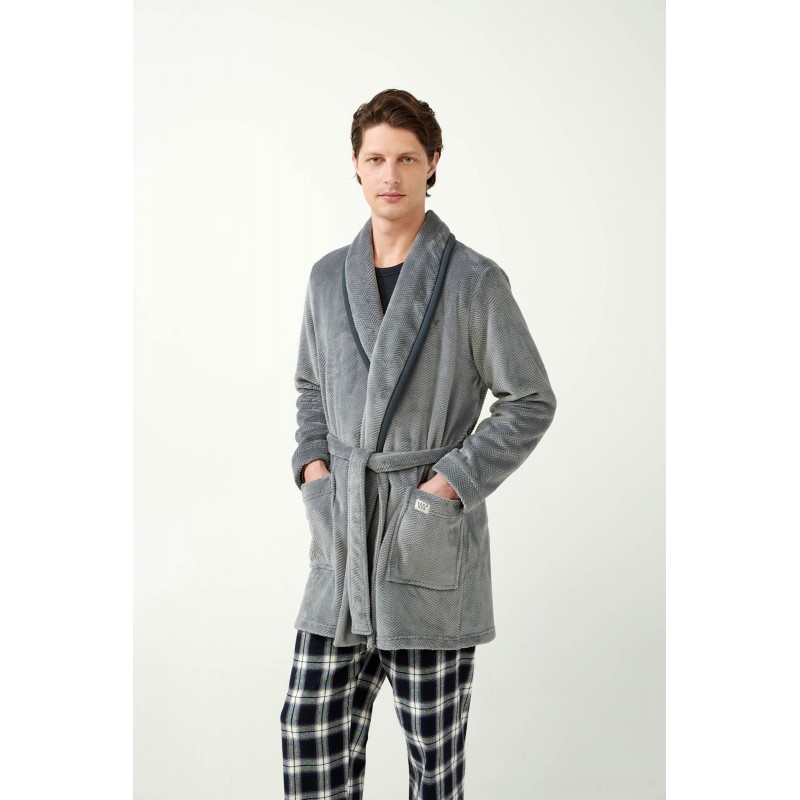 Vamp  Men s Short Fleece Robe With Belt Grey Color