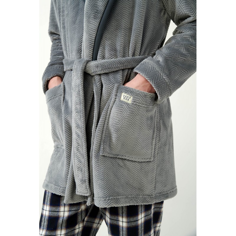 Vamp  Men s Short Fleece Robe With Belt Grey Color