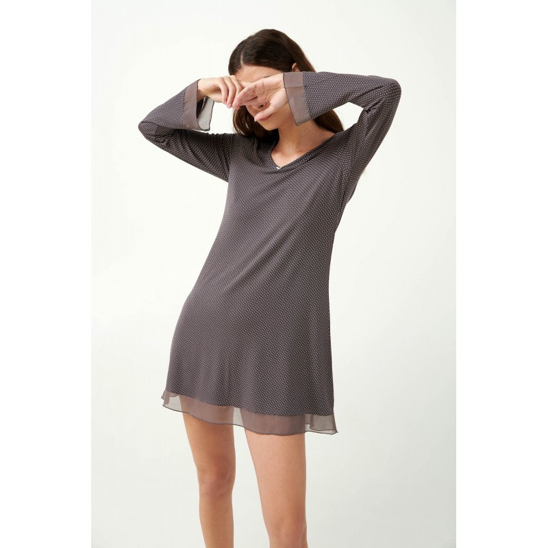 Vamp Women s Micro Modal Long Sleeved Nightdress Gray Mauve Polka Dot Design