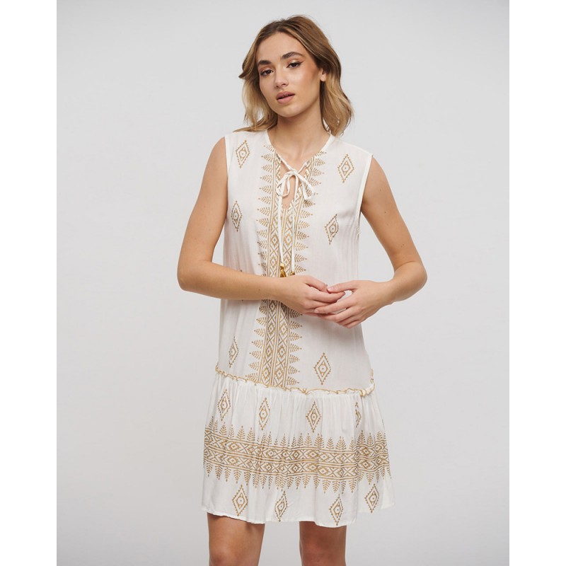 Ble Women s Sleeveless Viscose Kaftan White Color & Gold Details