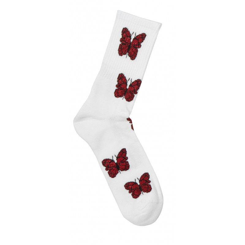 Me We Women s Cotton Sports Lurex White Sock-Red Butterflies