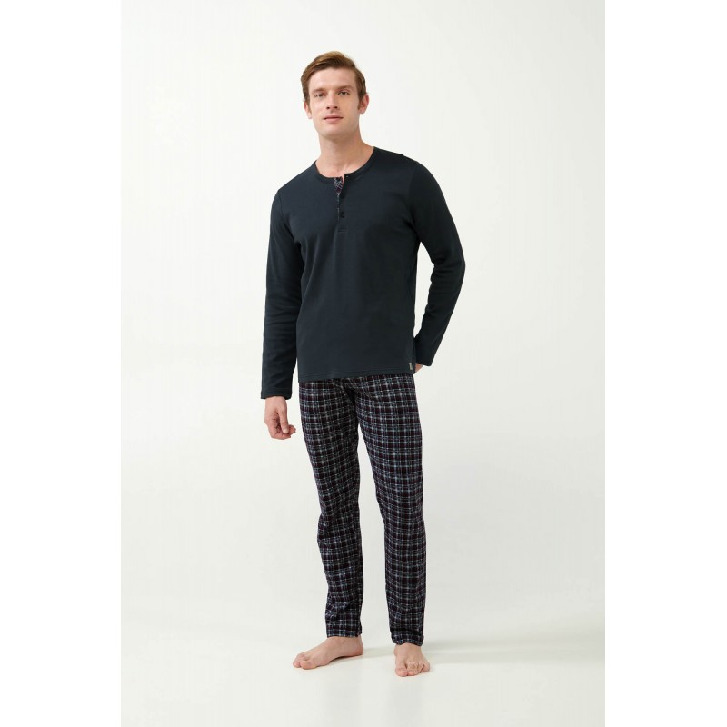 Vamp Men s Cotton Long Sleeved Pajamas Plaid Pants Dark Grey