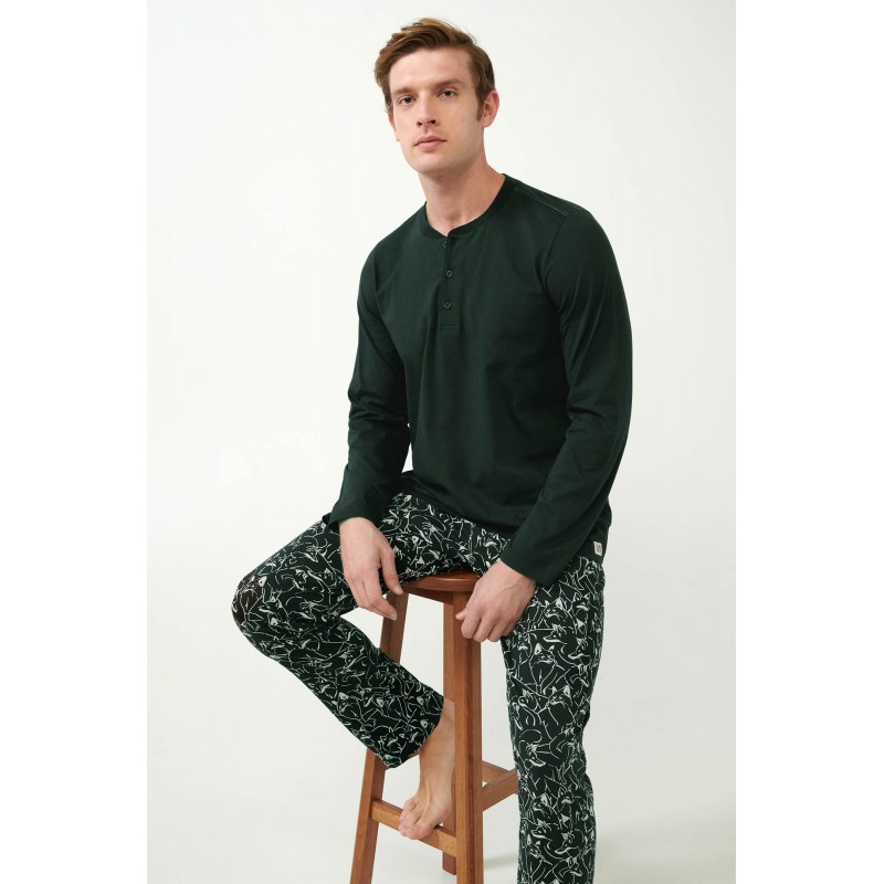 Vamp Men s Cotton Long Sleeved Pajamas Green Deep Forest