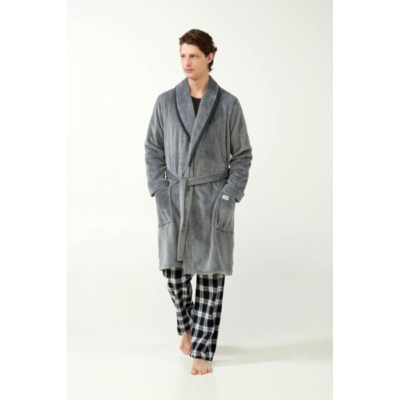 Vamp Men s Long Fleece Robe With Belt Grey Color