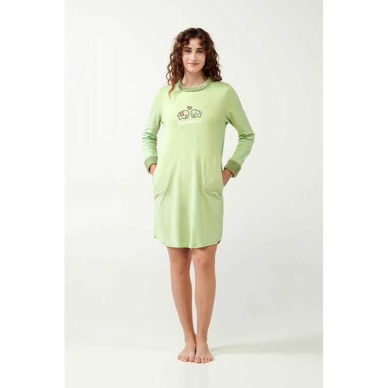 Vamp Women s Cotton Long Sleeved Nightdress With Fleece Details Green Foam