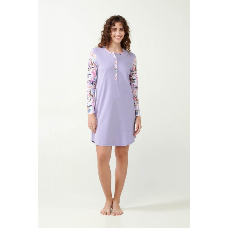 Vamp Women s Cotton Long Sleeved Nightdress With Floral Details Levander Sweet